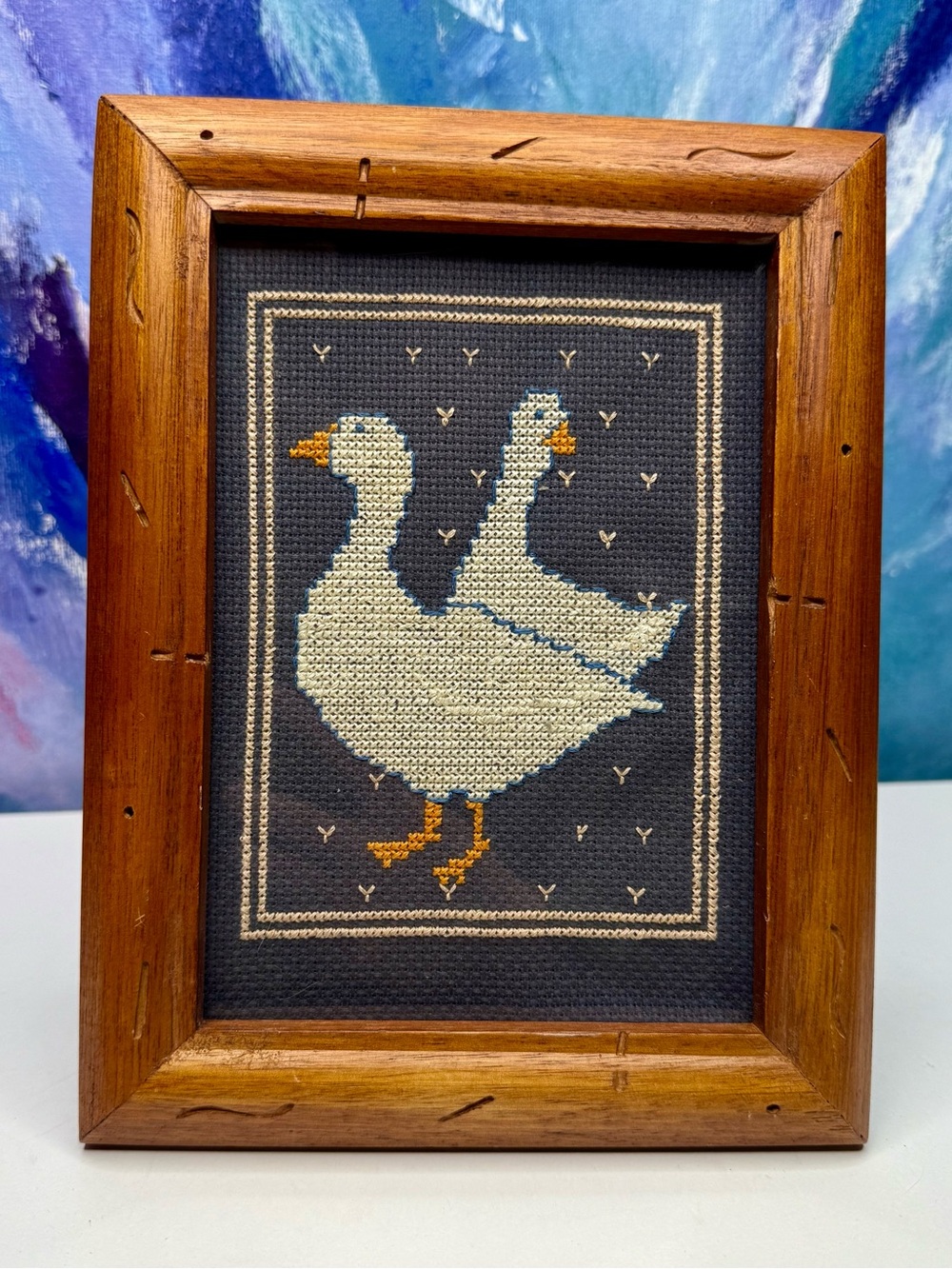 Geese Goose Cross Stitch Art in Wood Frame Vintage Handmade Cottagecore